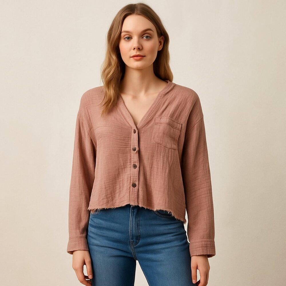 Anthropologie Mustard Seed Mauve Gauze Boho Button Front Long Sleeve Top Size L